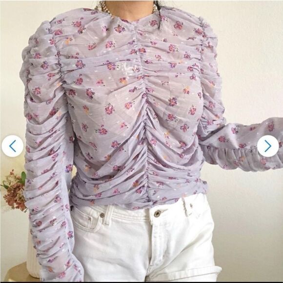 Zara Lilac LavenderFloral Sheer Ruched Long Sleeved Top - Picture 9 of 9